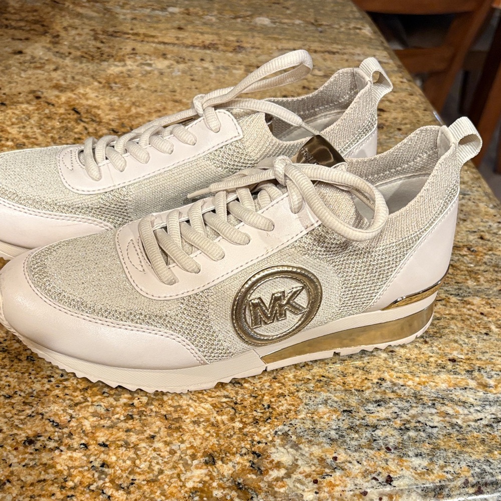 Michael Kors Beige and Metallic Gold Sneakers
